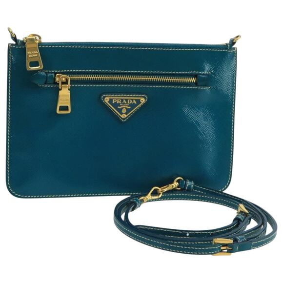 PRADA Shoulder Bag Safiano Leather Turquoise Blue Gold - Picture 1 of 9